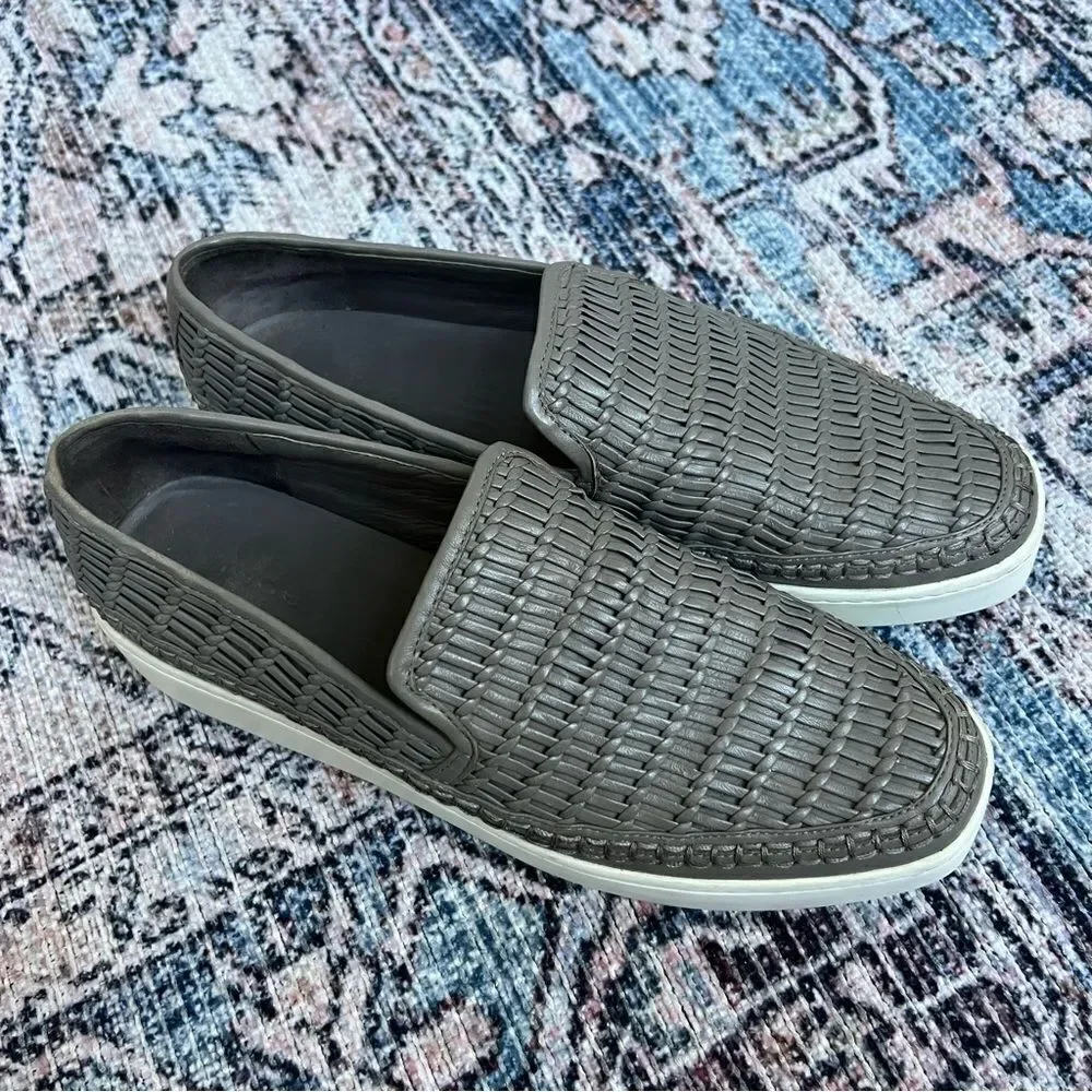 Vince Stafford Woven Slip-On Sneaker Size 8.5 Grey Taupe Leather Shoes